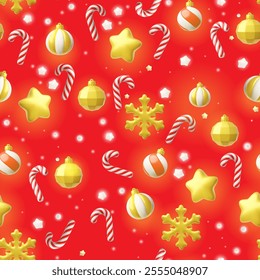 Vector 3d seamless Christmas pattern with glowing golden toys, lollipops, snowflakes and stars on red background. Pattern, wallpaper or wrapping paper. Happy New Year. Holiday background.