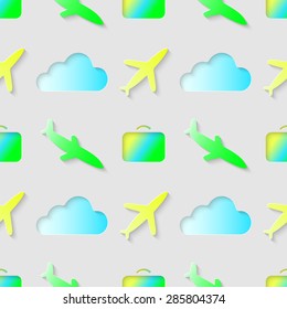 Vector 3d seamless pattern with bag cloud and airplane. Symbols of travel minimalistic colorful background for decoration, wallpaper and print. Eps10