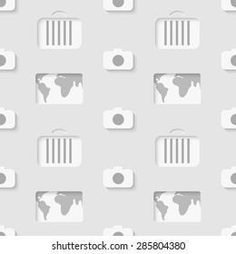 Vector 3d seamless pattern with bag, camera and map. Symbols of travel minimalistic monochrome  background for decoration, wallpaper and print. Eps10