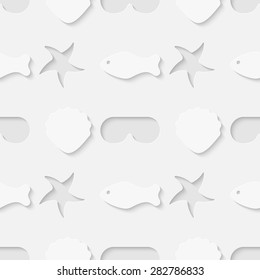 Vector 3d seamless pattern with sea, ocean beach vacation and diving symbols: shell, fish, starfish, mask. Minimalistic monochrome summer holidays background for decoration, wallpaper and print. Eps10