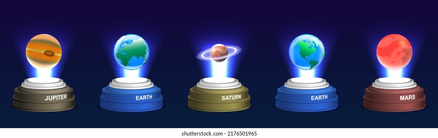 Vector 3d set of bright glowing holograms of the planets on a stand. Earth, Mars, Saturn and Jupiter on a dark background