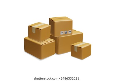 Vector 3D set of closed cardboard boxes with symbols fragile and keep away from moisture, with adhesive tape, for protection during delivery and storage.