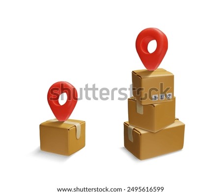 Vector 3D set of closed cardboard boxes with geolocation sign and symbols fragile and protect from moisture, with adhesive tape, for protection during delivery