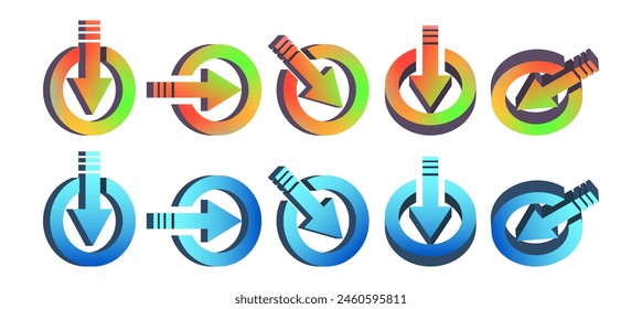 Vector 3D set of colored arrows in a circle. Collection of isometric pointer icons. White isolated background.
