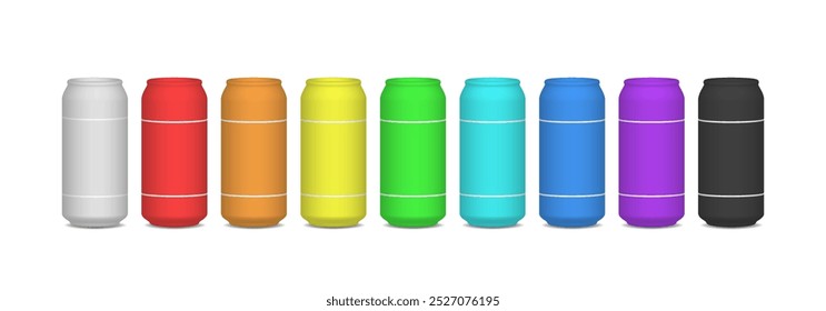 Vector 3d set of colorful rainbow big tin cocktail or beer cans. Volumetric blank samples. Iridescent mockups. White isolated background.