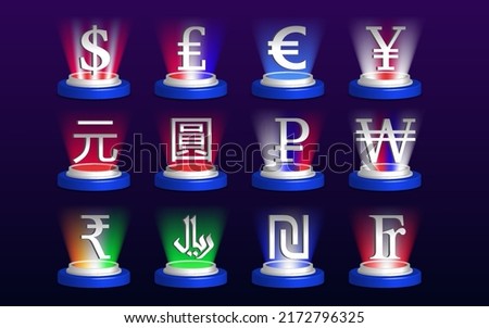Vector 3d set of different world currency symbols. Money marks over bright luminous coasters on a dark background. Sign of Dollar, pound, euro, ruble, hieroglyphs of simplified and traditional yuan