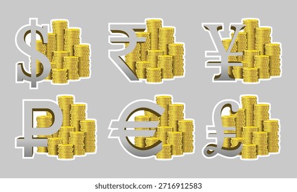 Vector 3D set of economic icons. Stacks of gold coins. World currency symbols. Dollar, ruble, rupee, yen, euro and pound. Collection golden stickers. Isolated background
