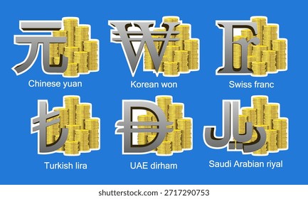 Vector 3D conjunto de iconos económicos. Pilas de monedas de oro. Símbolos mundiales de divisas. Yuan, ganó, franco, lira, dirham y riyal. Pegatinas doradas de colección. Fondo azul aislado