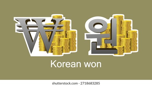 Vector 3D conjunto de iconos económicos. Pilas de monedas de oro. Símbolos de la moneda del won coreano. Pegatinas doradas de colección. Corea. Fondo aislado