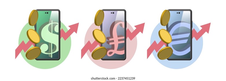 Vector 3d set of financial icons. Falling coins, tokens on the background of a smartphone. Currency signs, dollar, pound sterling and euro. Graph up arrow. Symbolic cashback. Online e commerce.