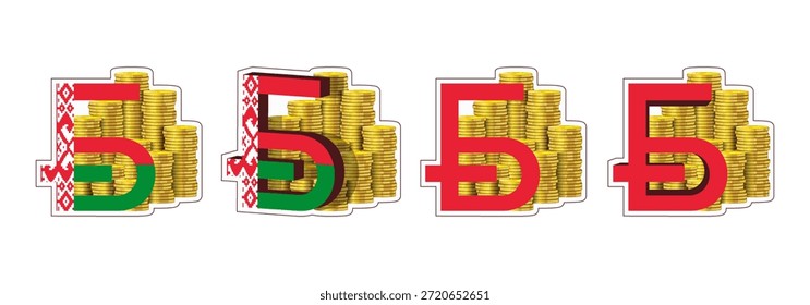 Vector Conjunto 3D de símbolos financieros. Signo de rublo bielorruso. Pilas de monedas de oro. Iconos, pegatinas e insignias. República de Belarús. Economía y negocios