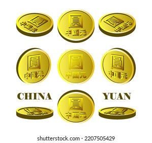 Vector 3d set of gold coins in different projections. Chinese traditional and simplified characters mean Chinese yuan. White isolated background