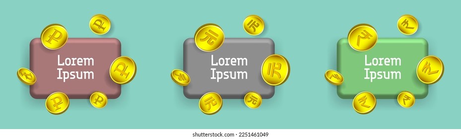 Juego de vectores 3d de monedas de oro, rublos, yuanes y rupias en diferentes proyecciones. Iconos de muestra financiera con la inscripción Lorem ipsum.