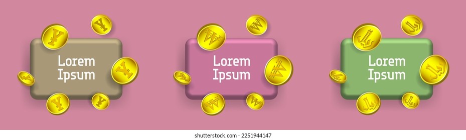 Juego de vectores 3d de monedas de oro, yenes, riyales y ganado en diferentes proyecciones. Iconos de muestra financiera con la inscripción Lorem ipsum.
