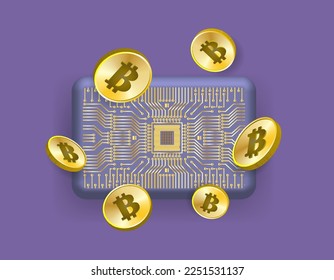 Vektor 3d-Reihe von Goldmarken, Bitcoin in verschiedenen Projektionen. Finanzielle Symbole mit Computerchip.