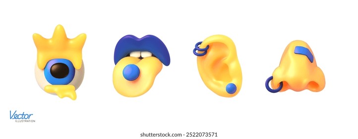 Vetor 3D Conjunto de peças estilizadas da cabeça : olho, língua, lábios, ouvido, nariz. Sensação de cheiro, gosto, audição, olfato, visão. Ícone de Emoji. Ilustração de vetor. 