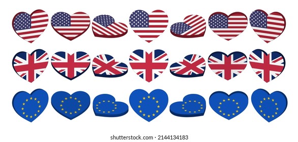 Vector 3D set of hearts in different projections with the flags of the USA, Great Britain and the European Union on a white isolated background