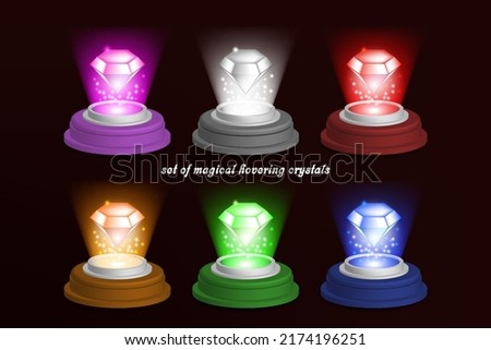 Vector 3d set of magical hovering bright glowing colored crystals in sparks and rays on a stand