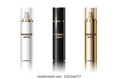 Vector 3d set mockup glossy realistic jar containers for packing spray, cream, shampoo, cosmetics products. White, black, gold gas cylinders design for ads, banners, magazine page, illustration.