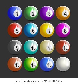 Vector 3d set of numbered colored billiard balls with bright highlights on a dark isolated background. Sixteen pieces