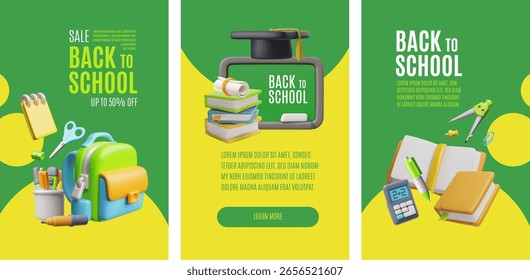 Vektor 3D-Poster mit saisonalen Rabatten vor der Schule, Kreidetafel, Abschlusskappe und Schreibwaren. Für Werbung, Verkäufe, Werbeaktionen, Online-Shops und soziale Netzwerke. Leerzeichen für Text.