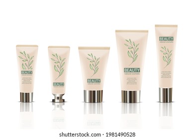 Vector 3d set of realistic plastic packaging for cream, toothpaste, cream tube, packaging with glossy lid isolated on white background. Design template for mockup. Foreground