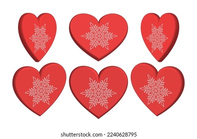 Vector 3d set of red festive Christmas hearts with white snowflakes on isolated background.