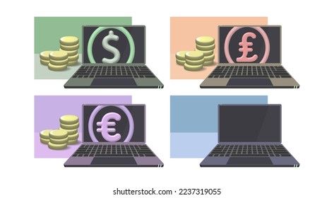 Vector 3d set of tech business icons. Mobile computer with symbols of currencies, dollar, pound and euro. Stylistic golden stacks of coins. Online payment, investment. Electronic world Finance.