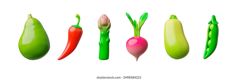 Vector 3D set of vegetables: avocado, red pepper, radish, asparagus, zucchini and green peas on an isolated background, ideal for healthy eating and vegetarianism themes.