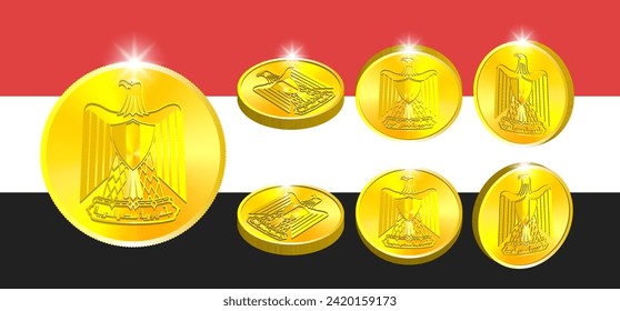 Vector 3d set of volumetric coins with ribbed edge. Collection of tokens golden Egyptian eagle. Obverse and reverse, bright radiant highlights.