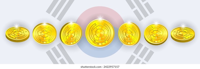 Vector 3d set of volumetric coins with ribbed edge. Collection of tokens golden South Korean emblem. Obverse and reverse, bright radiant highlights.