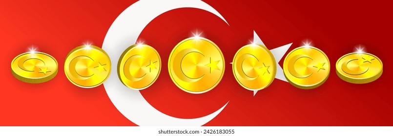 Vector 3d set of volumetric coins with ribbed edge. Collection of tokens golden Turkey emblem. Obverse and reverse, bright radiant highlights.