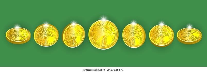 Vector 3d set of volumetric coins with ribbed edge. Collection of tokens golden head of eagle, hawk or falcon . Obverse and reverse, bright radiant highlights.