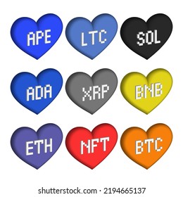 Vector 3d set of volumetric colored hearts with letters meaning different cryptocurrencies. Bitcoin. On a white isolated background