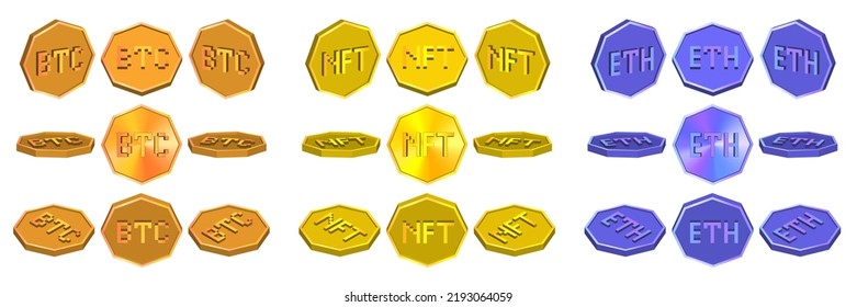 Vector 3d set of volumetric octagonal tokens or coins with the letters BTC, NFT, ETH, in several projections on an isolated white background