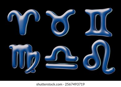 Vector 3D set of zodiac signs Aries, Libra, Gemini, Taurus, Leo, Capricorn. Illustration of volumetric figures with blue iridescent surface. Horoscope and astrology. Black background.