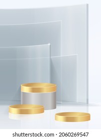 Vector 3D shape product display presentation cylinder pedestal podium gold for cosmetic product together with transparent glass backdrop  