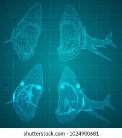 vector 3d shark from a triangular grid. predator  on blue background