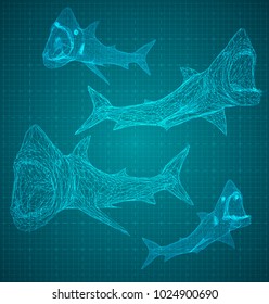vector 3d shark from a triangular grid. predator  on blue background