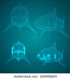vector 3d shark from a triangular grid. predator  on blue background