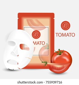 Vector 3d sheet facial mask tomato moisture treatment. Package design for face mask with
