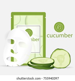 Vector 3d sheet facial mask cucumber moisture treatment. Package design for face mask with