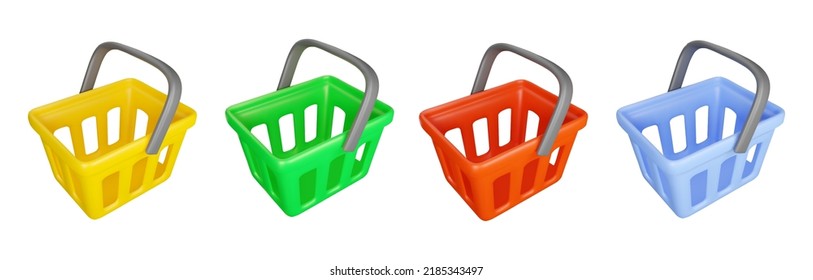 Vector 3d shopping basket set. Different colors supermarket cart illustration isolated on a white background. Render style icons