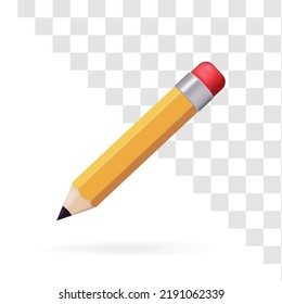 Vector 3D short yellow pencil, Realistic pencil isolated cartoon with rubber eraser. illustration