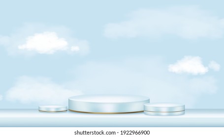 Vector 3D Showcase display with white fluffy clouds in blue pastel and yellow gold stand, Realistic luxury podium on blue sky background,illustration showcase mockup for cosmetic or beauty product