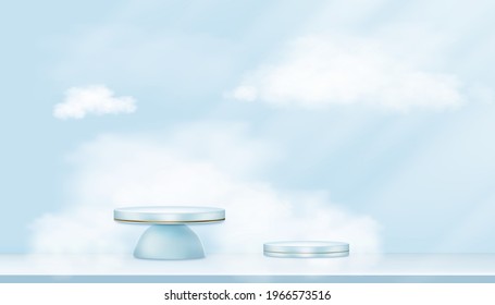 Vector 3D Showcase display with white fluffy clouds in blue pastel and yellow gold stand, Realistic luxury podium on blue sky background,illustration showcase mock up for cosmetic or beauty product