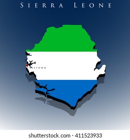 vector 3d Sierra Leone map with a flag on a blue background, EPS 10