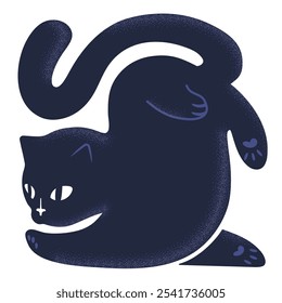 Vector 3D silueta de un gato negro con una textura ruidosa, el gatito se retuerce en una pose formando una forma rectangular abstracta. Linda ilustración granulada de una mascota moderna