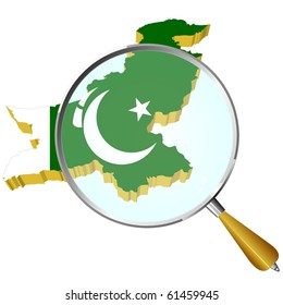vector 3D silhouette of Pakistan with the flag under the magnifying glass