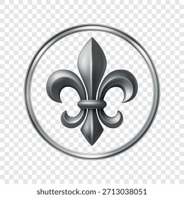 Símbolo de flor de lis de prata 3d vetorial em quadro redondo. Elegante Royal Emblem. Ícone Heráldico Francês Clássico. Símbolo de Fleur De Lis de Luxo. Design de logotipo, Badge, Decoração Nobre, Ornamento Vintage
